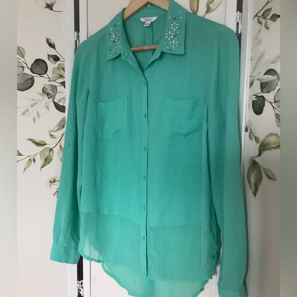 Candie’s blouse L sheer turquoise green EUC bejeweled collar long sleeve - Picture 5 of 7